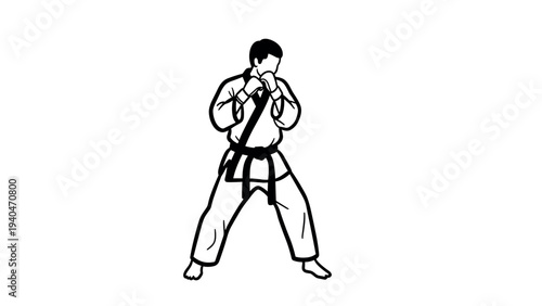 Karate fighter in ready position with traditional uniform in black silhouette style