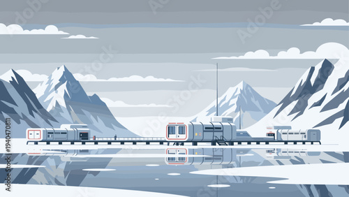 Futuristic arctic research station in remote snowy mountain landscape
