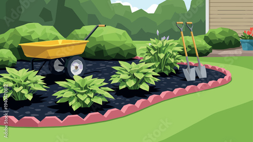 Low poly garden scene with tools and greenery for landscaping design