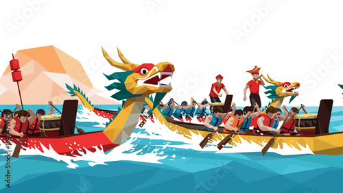 Low poly dragon boat race scene with vibrant colors and dynamic motion on water