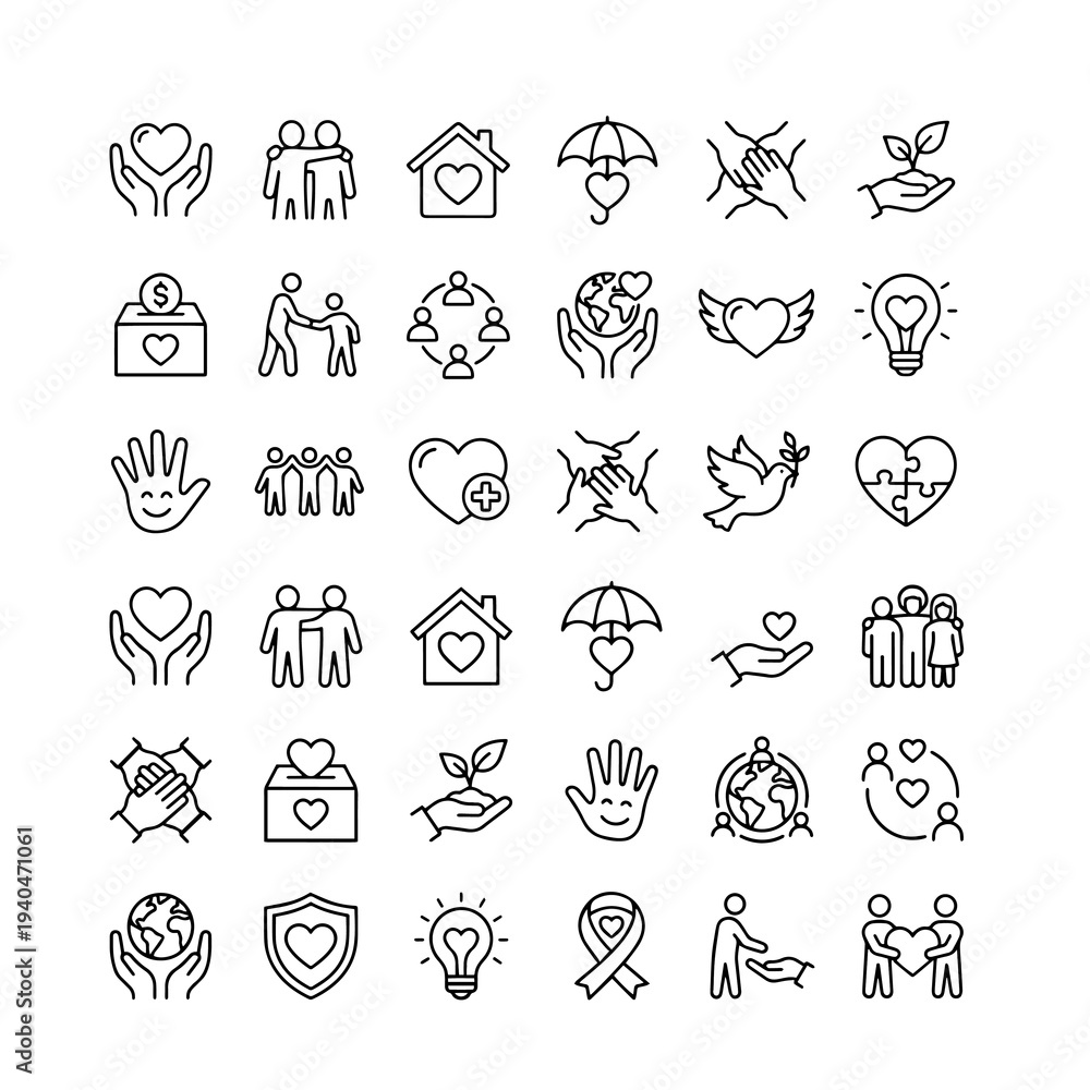 Fototapeta premium Charity, donation, volunteering, and community support line icon set. Vector symbols of care, empathy, teamwork, and protection.