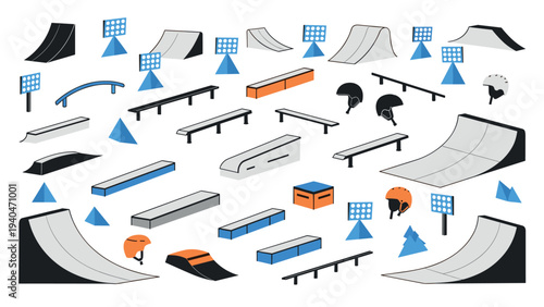 Minimalist skate park icons featuring ramps, helmets, and obstacles set