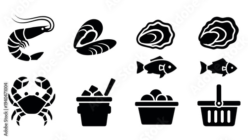 Seafood icons collection: shellfish, fish, and culinary symbols in bold silhouette
