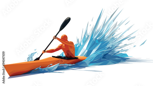 Abstract low poly kayaker navigating dynamic water splash