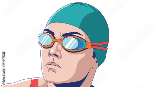 Competitive swimmer in cap and goggles focused for race