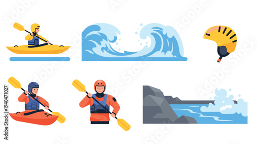 Kayaking adventure: exploring waves and safety gear in flat design