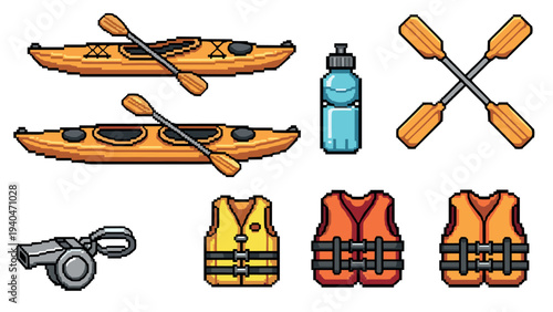 Pixel art kayaking set with equipment and accessories