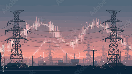 Industrial skyline at sunset with power lines and digital waves