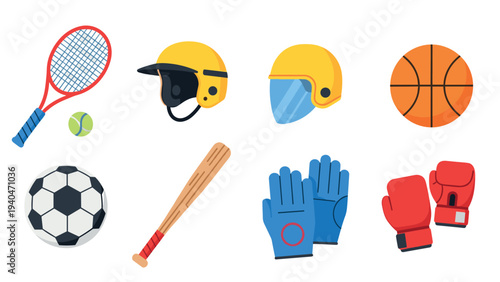 Colorful flat sports equipment icons for various games and activities