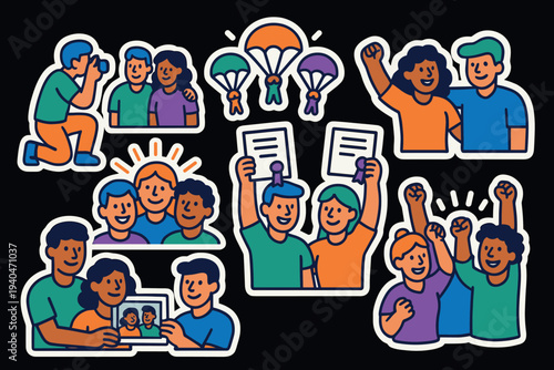 Celebrating diverse community achievements and unity in vibrant cartoon style