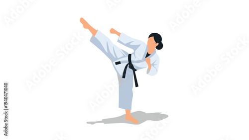Karate martial artist performing high kick in minimalist style