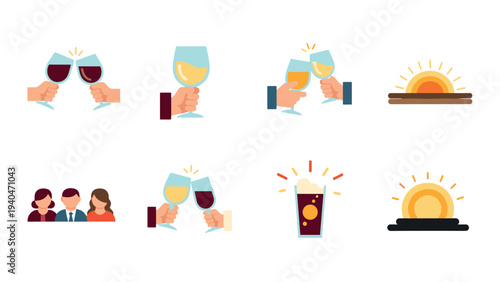 Celebratory drink icons: cheers, sunsets, and social gatherings in flat style
