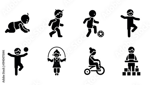 Silhouette icons of children playing various games and sports in minimalist style