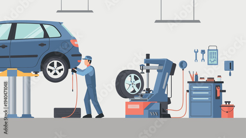 Mechanic working on car tire in modern garage with equipment