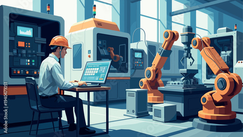 Modern factory automation with engineer operating robotic arms in industrial setting