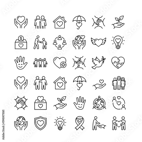 Charity, donation, volunteering, and community support line icon set. Vector symbols of care, empathy, teamwork, and protection.