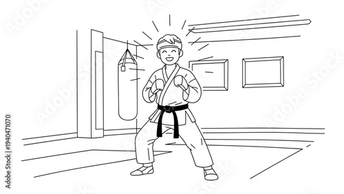 Karate training: youth practicing martial arts in linear style
