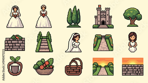 Pixel art wedding set: bride, castle, nature, and countryside icons