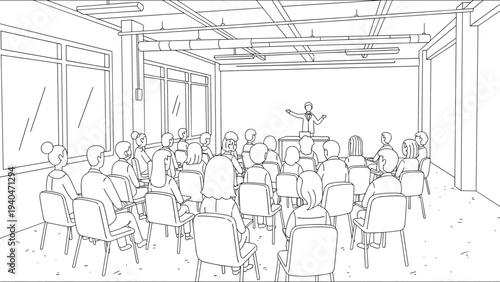 Linear classroom presentation with diverse audience in modern setting