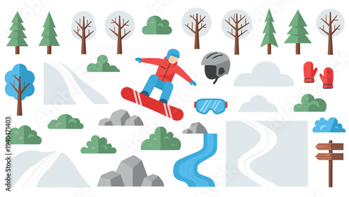 Winter sports adventure: snowboarding and nature elements in a flat design