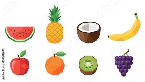 Geometric fruit collection with low poly design featuring watermelon, pineapple, and more