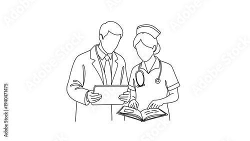 Healthcare team collaboration: doctor and nurse with documents in linear style