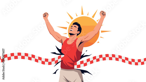 Triumphant athlete crossing finish line with sunburst background