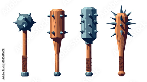 Set of cartoon medieval maces and clubs with spikes on white background
