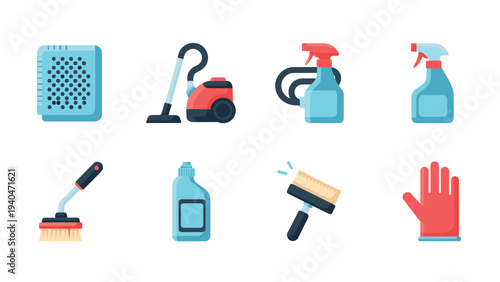 Essential home cleaning tools and supplies in flat design for modern living spaces