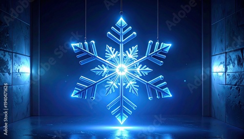 Luminous Snowflake Ornament Sparkling in a Modern Abstract Setting with Blue Light Effects and Dark Background.