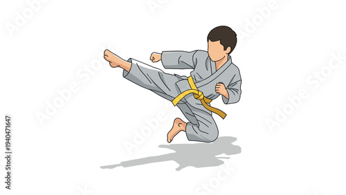 Karate yellow belt karateka executing high kick in gray gi on white background
