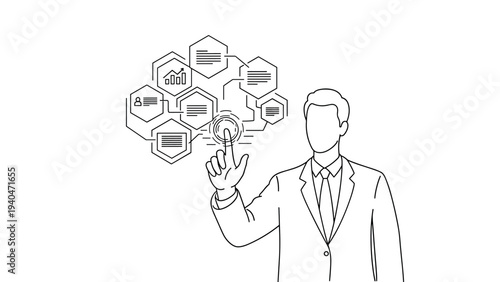 Businessman interacting with virtual hexagonal interface in minimalist line drawing