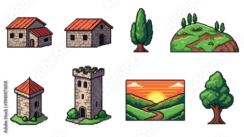 Pixel art medieval village elements with nature and scenery