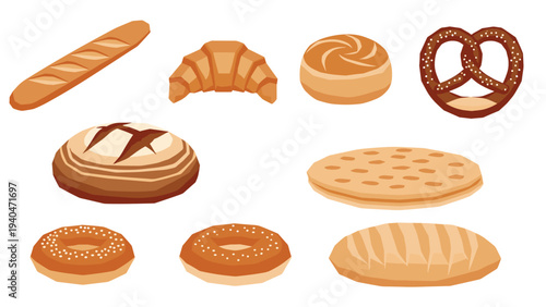 Collection of popular bread varieties in modern flat design style
