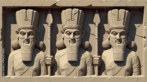 Ancient persian warrior stone relief art with spear in flat design