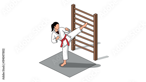 Isometric karate kick in training room featuring martial arts enthusiast