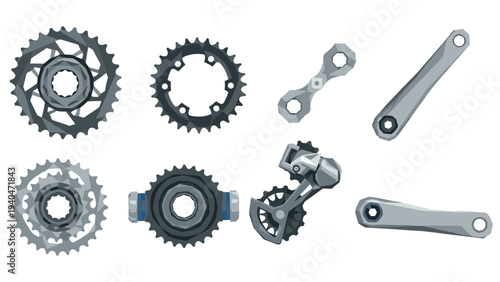 Bicycle gear components in modern flat style for cycling enthusiasts