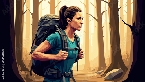 Adventure in the forest: woman hiking with backpack in detailed style