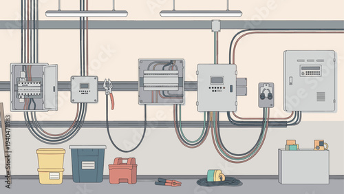 Electrical circuit panel setup with tools and wires in a workshop environment