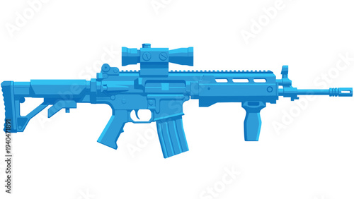 Bold blue assault rifle design in flat geometric style