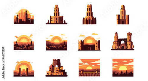 Sunset skyline scenes featuring castles and towers in flat design