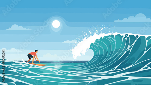 Surfing adventure with man on board riding ocean wave under sunny sky