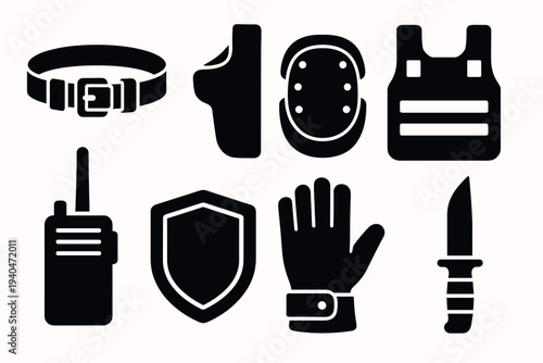 Essential silhouette icons of security and protection gear set