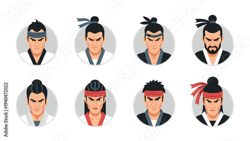 Diverse martial artists with headbands in flat style circles