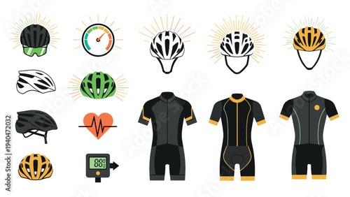 Cycling helmets and apparel icons: flat style for sport and safety themes