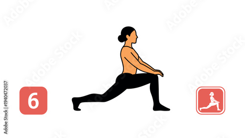 Yoga lunge pose silhouette with number countdown graphic