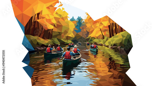 Abstract geometric canoeing in vibrant autumn forest landscape
