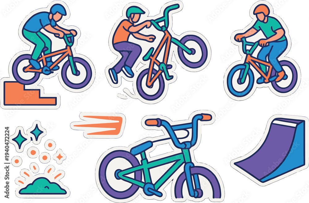 Fototapeta premium Colorful bmx stickers featuring cyclists and ramps in playful cartoon style