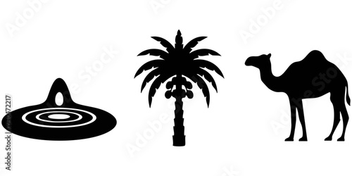 Desert Oasis Silhouette Set: Tropical Island Pond with Palms, Date Palm Tree with Fruit, and Dromedary Camel Icons