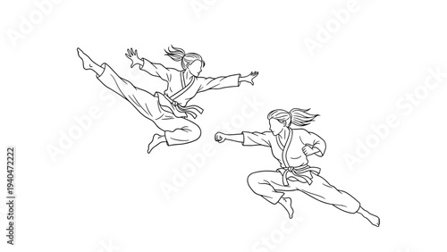 Dynamic martial arts duo performing high kick and punch in linear style
